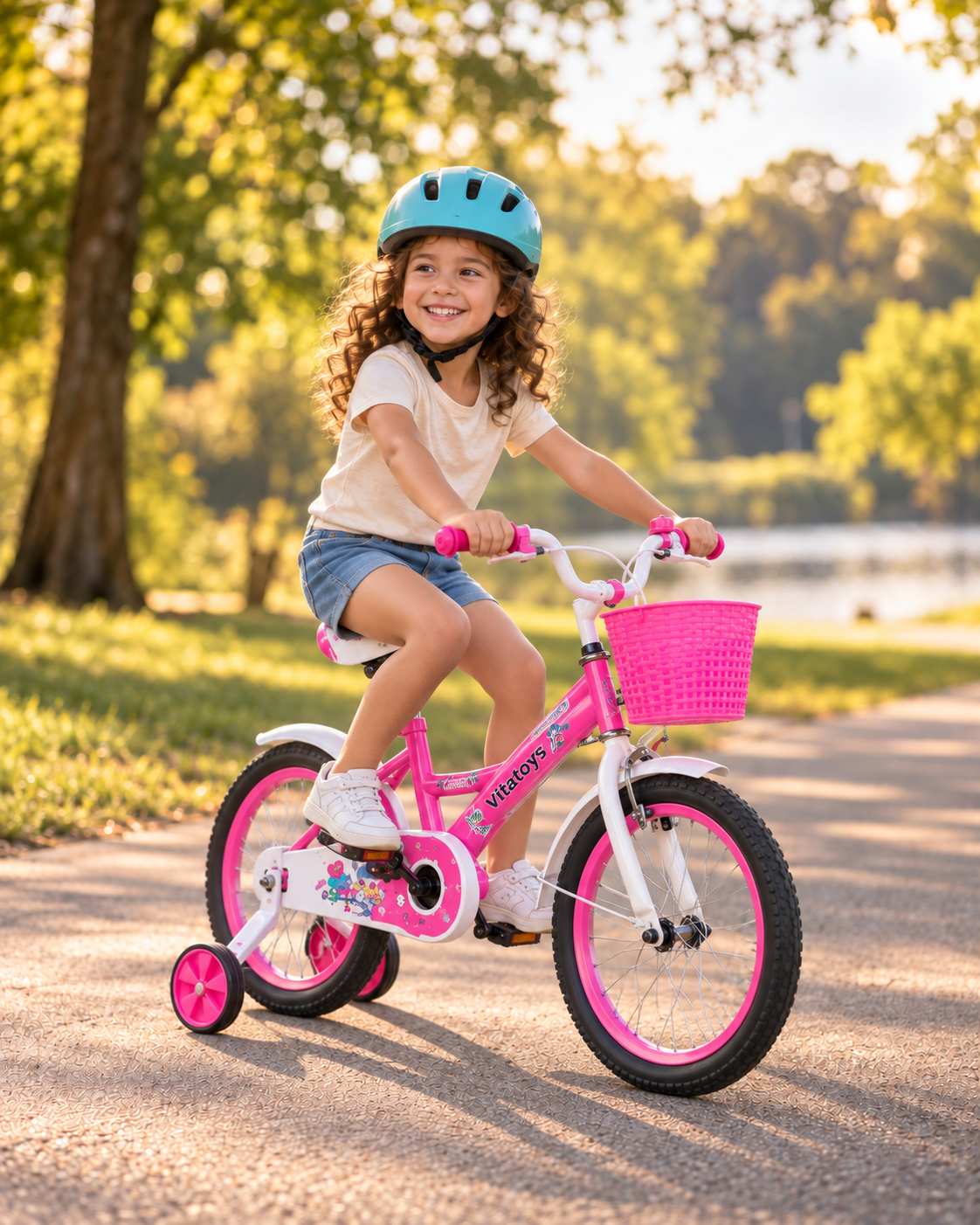 Cena ilustrativa de uma menina com capacete pedalando uma bicicleta Vitatoys aro 16 rosa em um parque